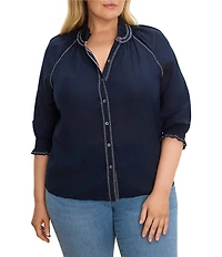 NIC + ZOE Plus Size Zig Zag Embroidered Stitch Ruffle Stand Collar Bracelet Raglan Sleeve Button-Front Shirt