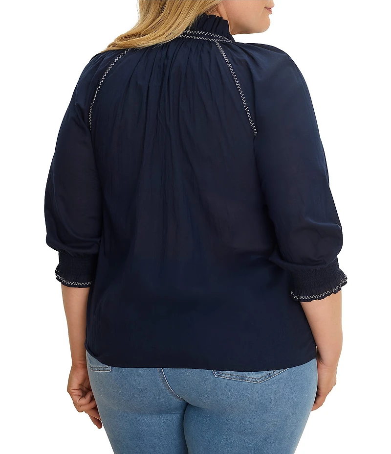 NIC + ZOE Plus Size Zig Zag Embroidered Stitch Ruffle Stand Collar Bracelet Raglan Sleeve Button-Front Shirt