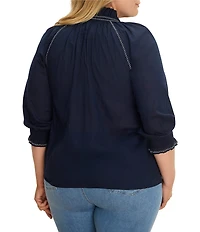 NIC + ZOE Plus Size Zig Zag Embroidered Stitch Ruffle Stand Collar Bracelet Raglan Sleeve Button-Front Shirt