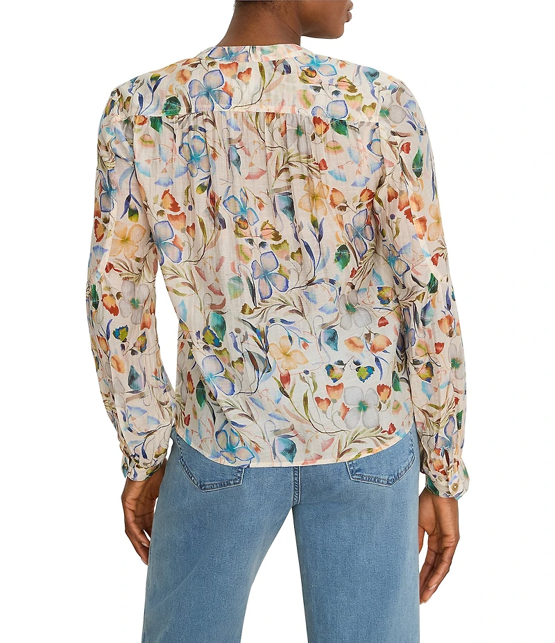 NIC + ZOE Pressed Flower Femme Band Collar Long Sleeve Blouse