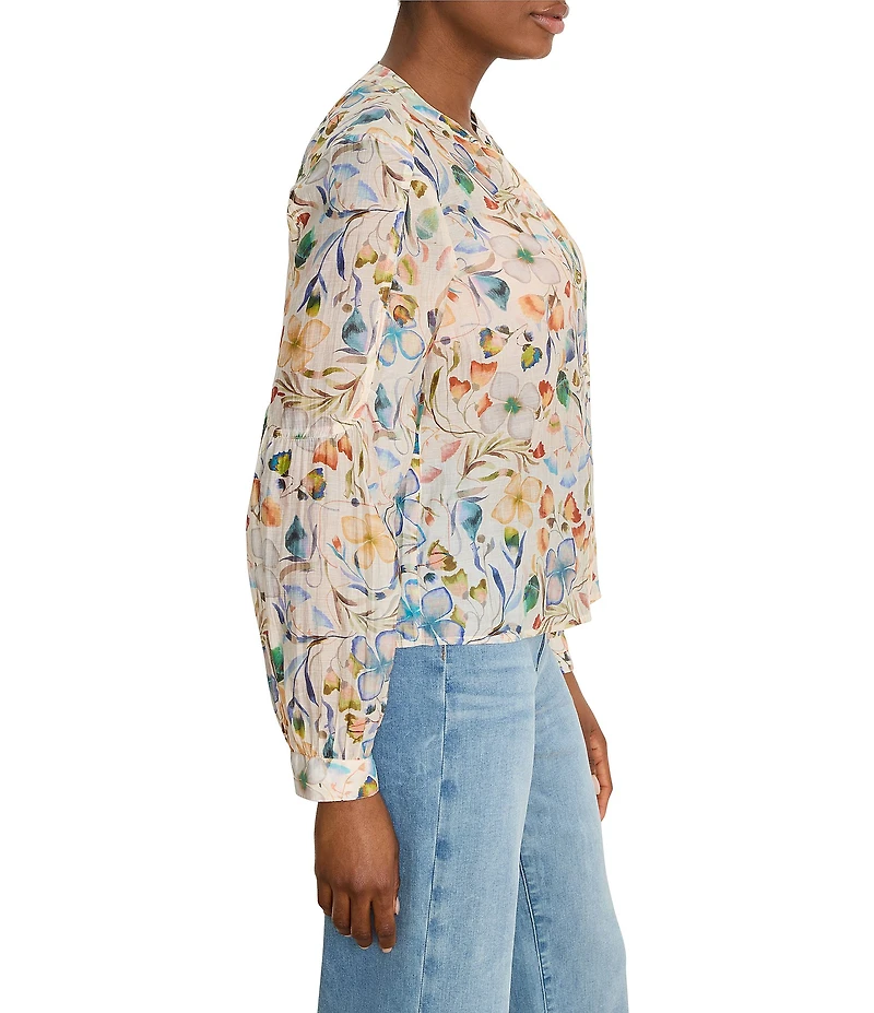 NIC + ZOE Pressed Flower Femme Band Collar Long Sleeve Blouse