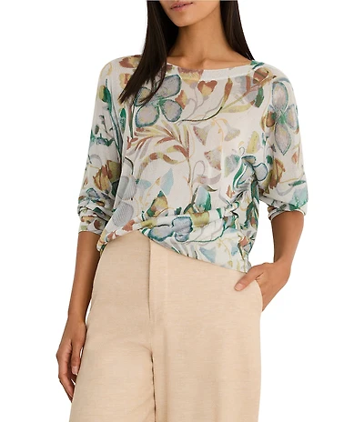 NIC + ZOE Pressed Flower print Boat Neck Long Sleeve Top