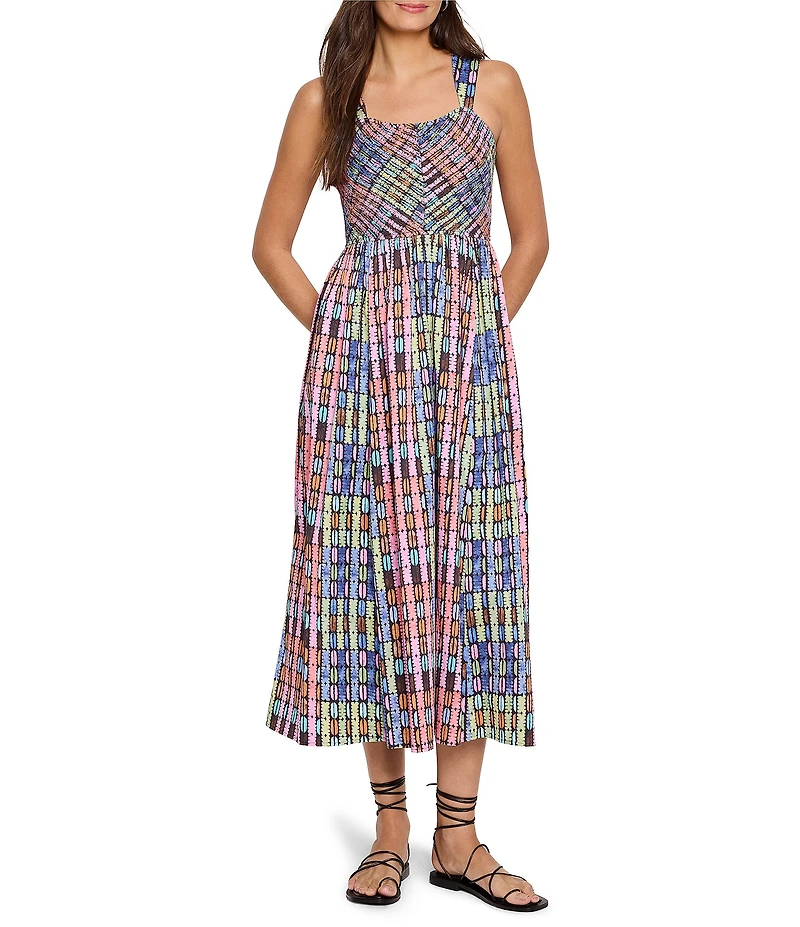 NIC + ZOE Rainbow Macaroon Print Square Neck Sleeveless Midi Dress