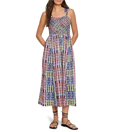 NIC + ZOE Rainbow Macaroon Print Square Neck Sleeveless Midi Dress