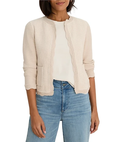 NIC + ZOE Scallop trim Weave Mix Knit Round Neck Bracelet Sleeve Jacket