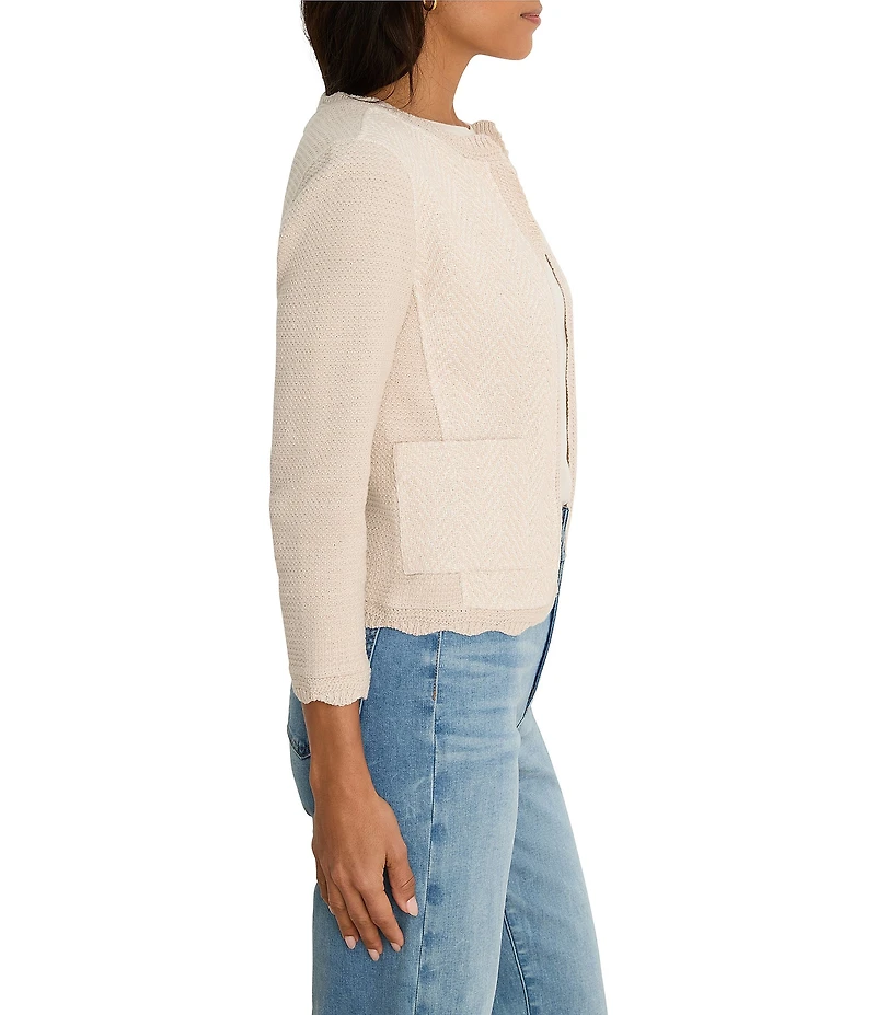 NIC + ZOE Scallop trim Weave Mix Knit Round Neck Bracelet Sleeve Jacket