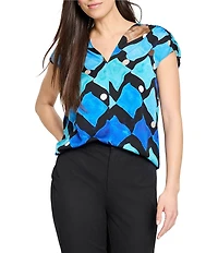 NIC + ZOE Sea Glass Print V-Neck Ruched Short Sleeve Coordinating Top