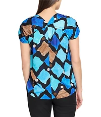 NIC + ZOE Sea Glass Print V-Neck Ruched Short Sleeve Coordinating Top