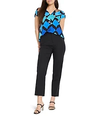 NIC + ZOE Sea Glass Print V-Neck Ruched Short Sleeve Coordinating Top