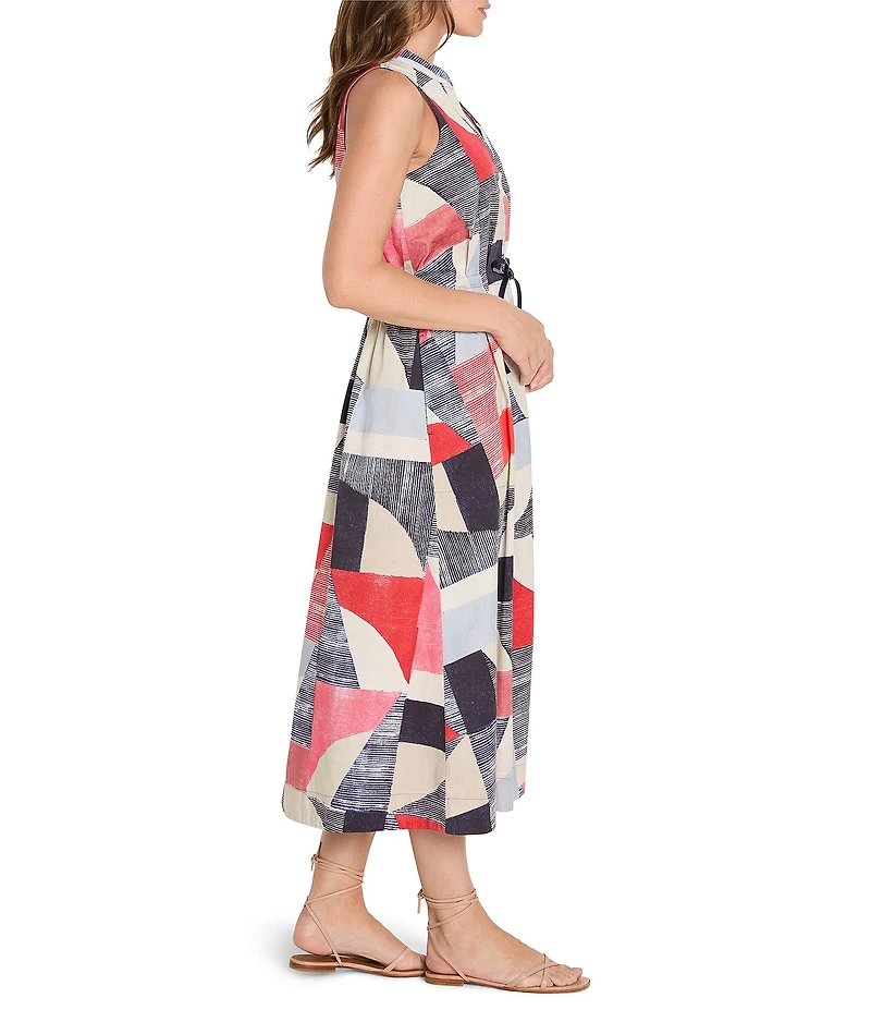 NIC + ZOE Set Sail Sienna Geo Print Band Collar V-Neck Sleeveless Midi Dress