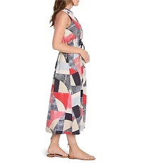 NIC + ZOE Set Sail Sienna Geo Print Band Collar V-Neck Sleeveless Midi Dress