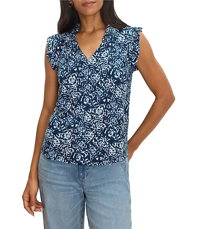 NIC + ZOE Shibori Lillies Ruffle V-Neck Sleeveless Top