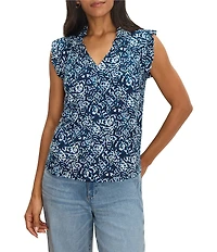 NIC + ZOE Shibori Lillies Ruffle V-Neck Sleeveless Top