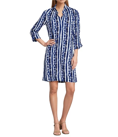 NIC + ZOE Shibori Woven Stripe Ruffled Collar Front Pocket A-Line Dress