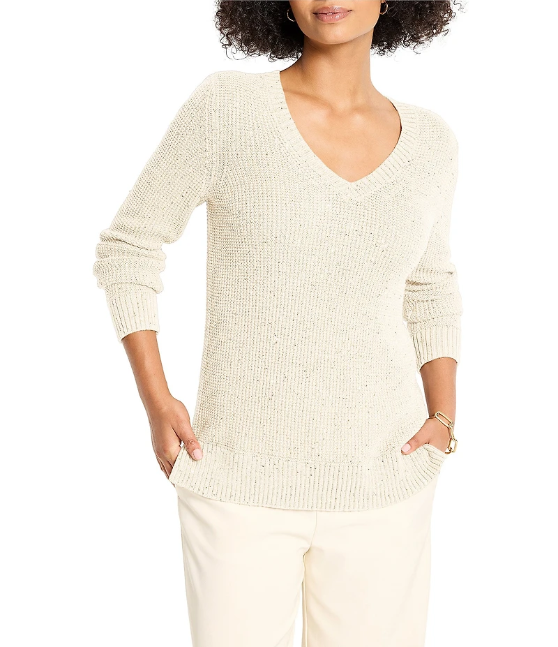 NIC + ZOE Shimmer Waffle Knit V-Neck Long Sleeve Sweater