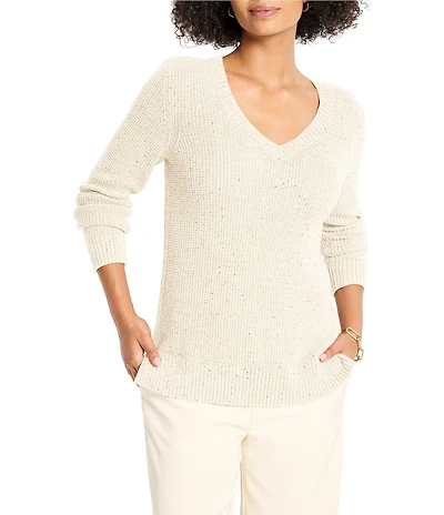NIC + ZOE Shimmer Waffle Knit V-Neck Long Sleeve Sweater