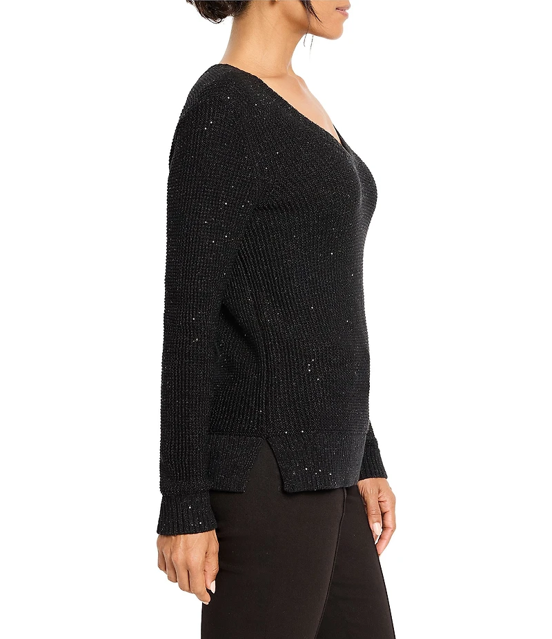 NIC + ZOE Shimmer Waffle Knit V-Neck Long Sleeve Sweater