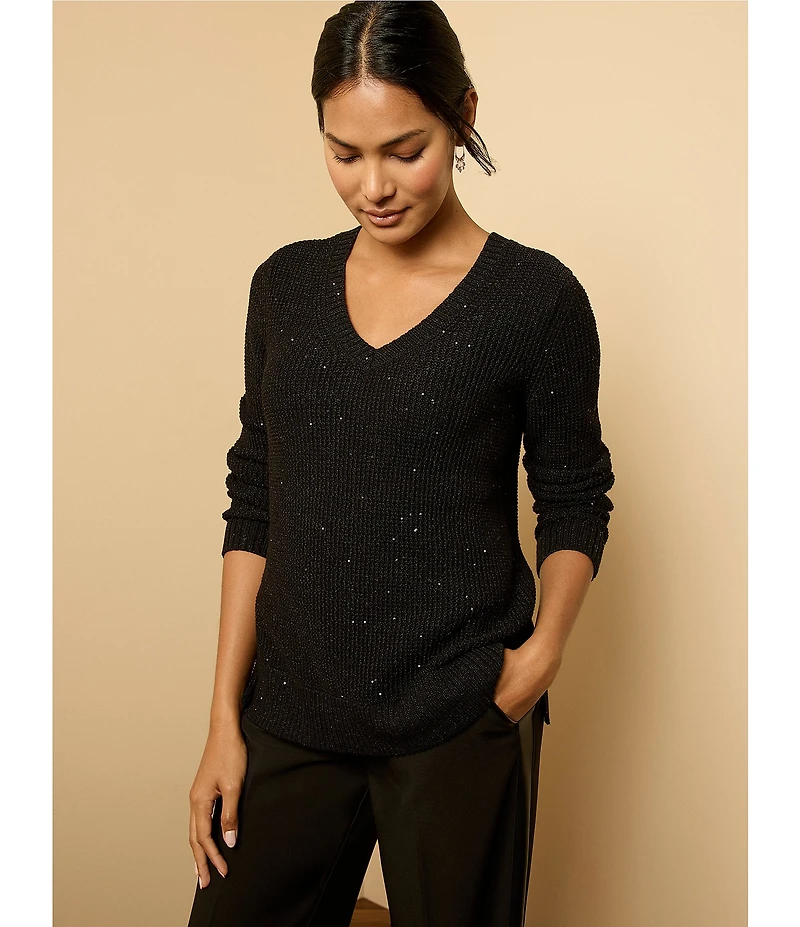 NIC + ZOE Shimmer Waffle Knit V-Neck Long Sleeve Sweater