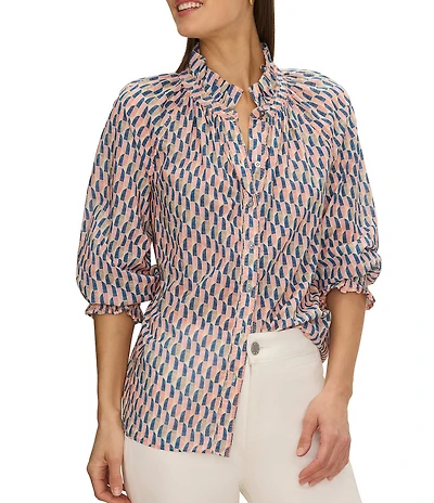 NIC + ZOE Sideways Crinkle Ruffle Stand Collar 3/4 Sleeve Shirt