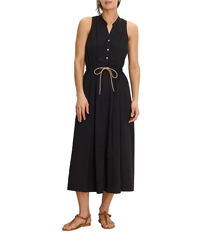 NIC + ZOE Sienna Woven Band Collar Sleeveless Fit & Flare Belted Midi Dress