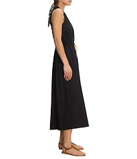 NIC + ZOE Sienna Woven Band Collar Sleeveless Fit & Flare Belted Midi Dress