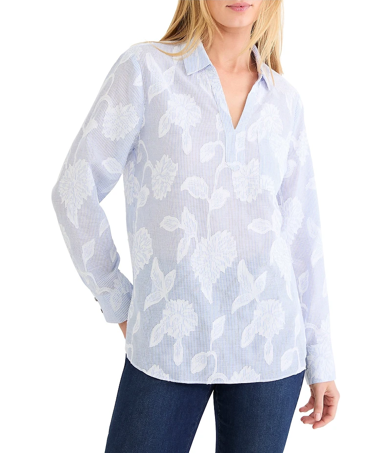 NIC + ZOE Sky Stripe Jacquard Split Neck Shirt Collar Long Sleeve Top