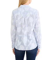 NIC + ZOE Sky Stripe Jacquard Split Neck Shirt Collar Long Sleeve Top