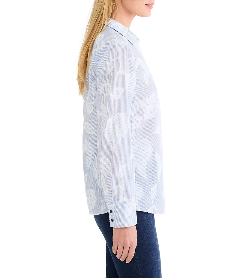 NIC + ZOE Sky Stripe Jacquard Split Neck Shirt Collar Long Sleeve Top