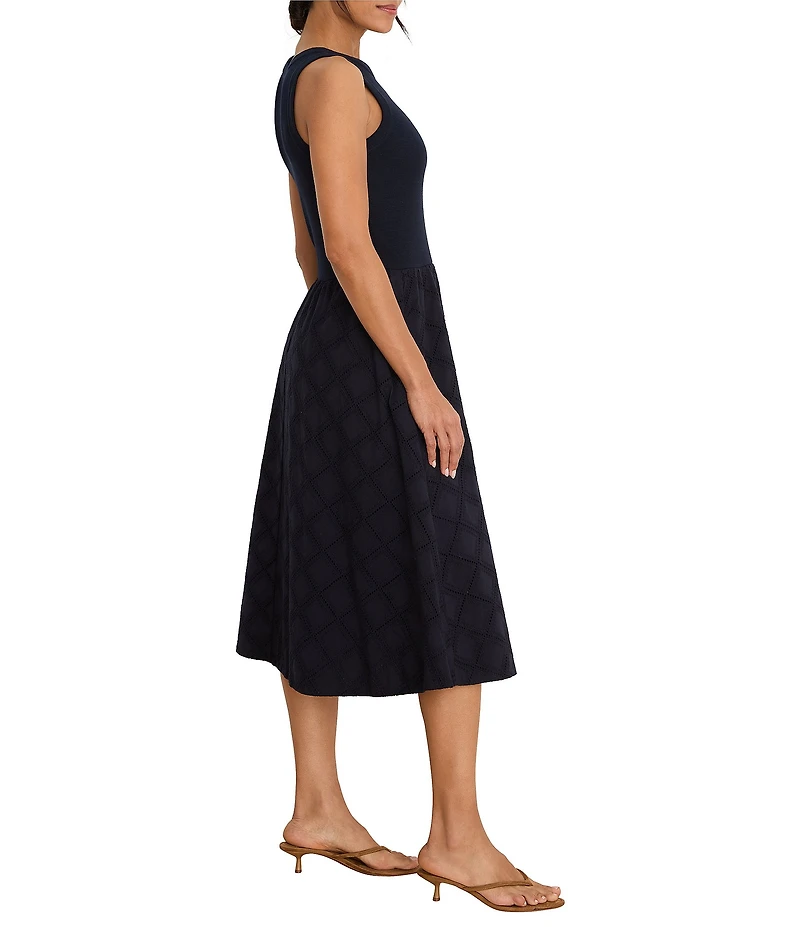 NIC + ZOE Sofia Mixed-Media Diamond Eyelet Fit & Flare Midi Dress
