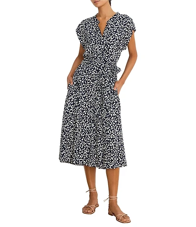 NIC + ZOE Sonni Leopard Sketch V-Neck Cap Sleeve Tie Wiast Midi Dress
