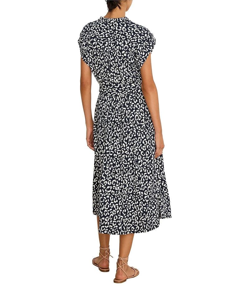 NIC + ZOE Sonni Leopard Sketch V-Neck Cap Sleeve Tie Wiast Midi Dress