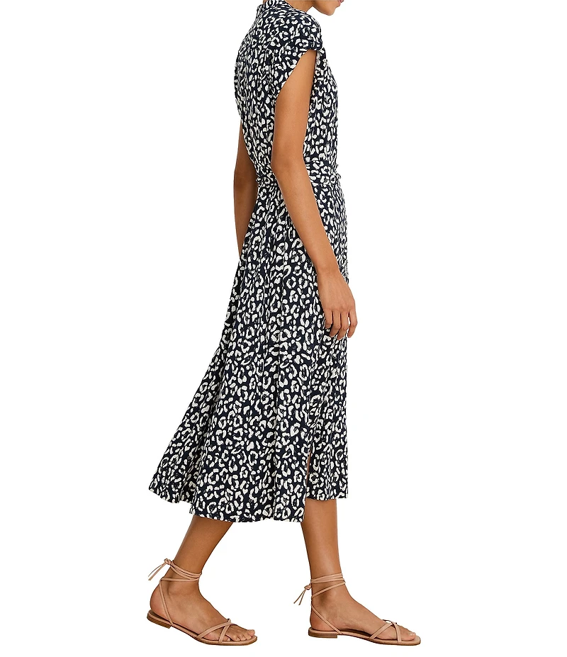 NIC + ZOE Sonni Leopard Sketch V-Neck Cap Sleeve Tie Wiast Midi Dress