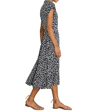 NIC + ZOE Sonni Leopard Sketch V-Neck Cap Sleeve Tie Wiast Midi Dress