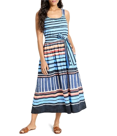 NIC + ZOE Sophie Painted Peninsula Scoop Neck Sleeveless Tie Waist Midi Dress