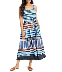 NIC + ZOE Sophie Painted Peninsula Scoop Neck Sleeveless Tie Waist Midi Dress