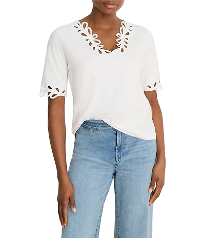 Nic + Zoe Soutache Embroidered V-Neck Short Sleeve Top