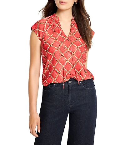 NIC + ZOE Squiggle Check Split V-Neck Cap Sleeve Top