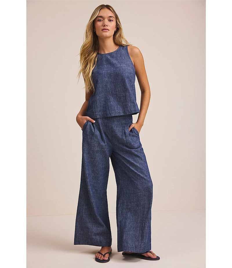 nz by NIC + ZOE Stevie Chambray Mix Round Neck Sleeveless Tank