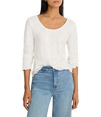 NIC + ZOE Stretch Lace Knit Scoop Neck Bracelet Sleeve Scalloped Trim Tee