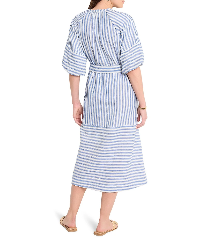 NIC + ZOE Stripe Double Gauze V-Neck Elbow Sleeve Tie Waist Midi Dress