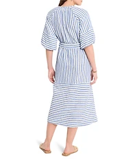 NIC + ZOE Stripe Double Gauze V-Neck Elbow Sleeve Tie Waist Midi Dress
