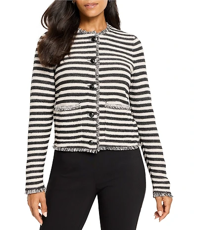 NIC + ZOE Stripe Femme Knit Round Neck Long Sleeve Fringe Mix Jacket