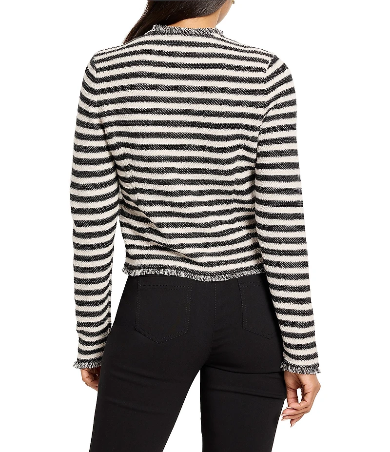NIC + ZOE Stripe Femme Knit Round Neck Long Sleeve Fringe Mix Jacket