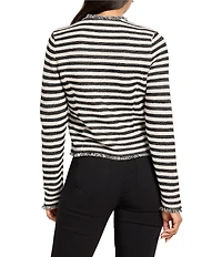 NIC + ZOE Stripe Femme Knit Round Neck Long Sleeve Fringe Mix Jacket