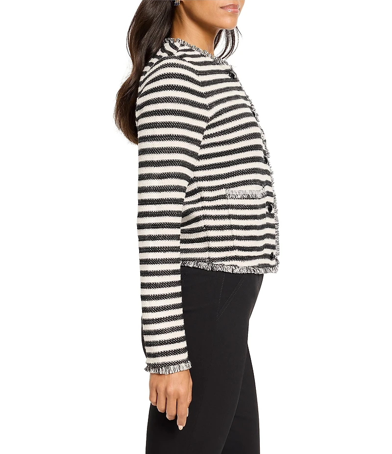 NIC + ZOE Stripe Femme Knit Round Neck Long Sleeve Fringe Mix Jacket
