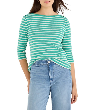 NIC + ZOE Stripe Knit Boat Neck 3/4 Sleeve Tee