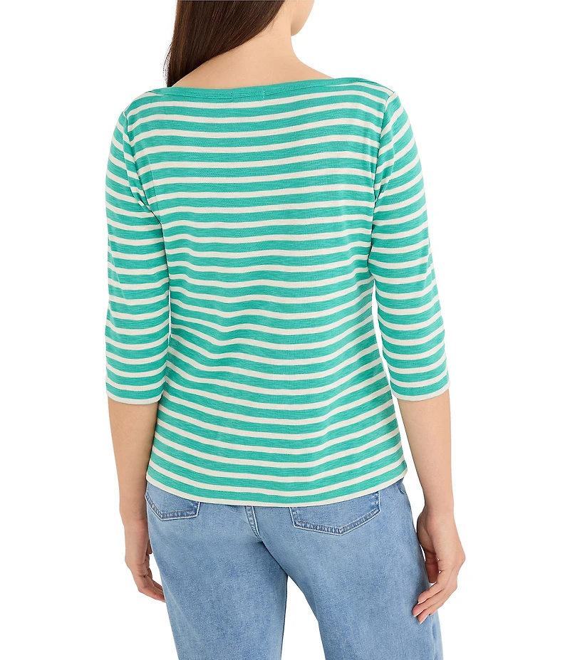NIC + ZOE Stripe Knit Boat Neck 3/4 Sleeve Tee