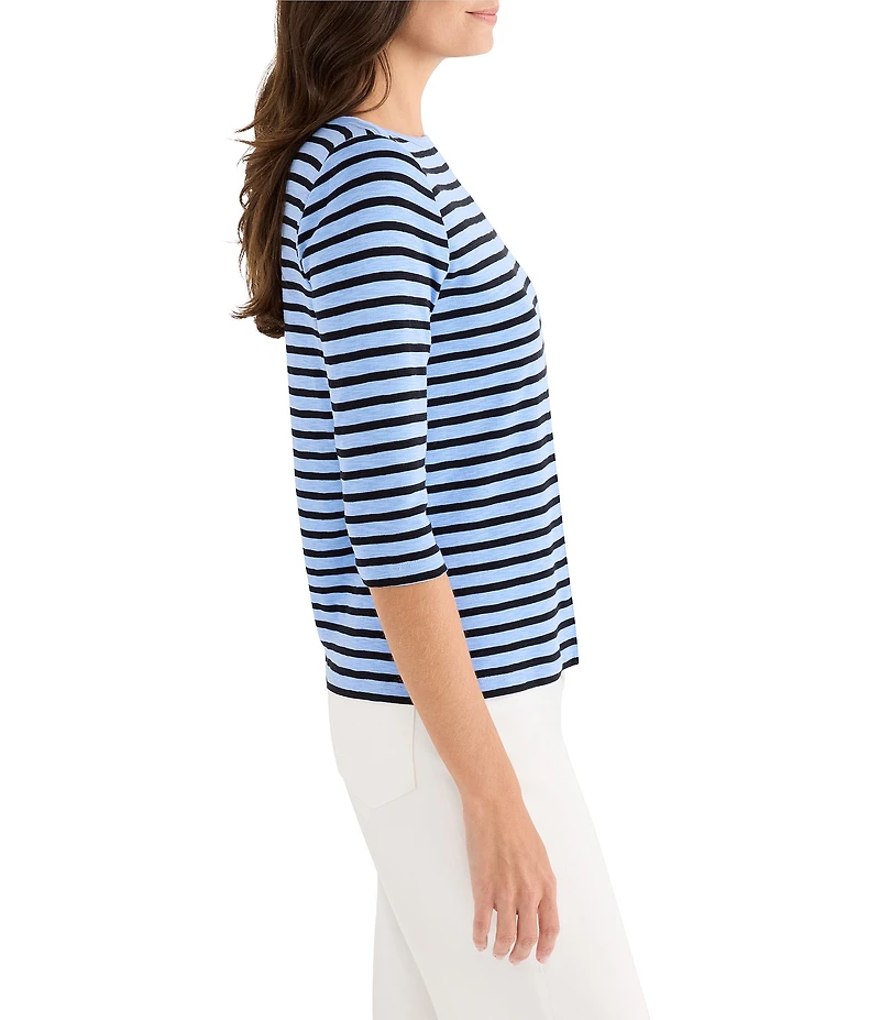 NIC + ZOE Stripe Knit Boat Neck 3/4 Sleeve Tee