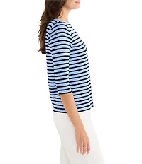 NIC + ZOE Stripe Knit Boat Neck 3/4 Sleeve Tee