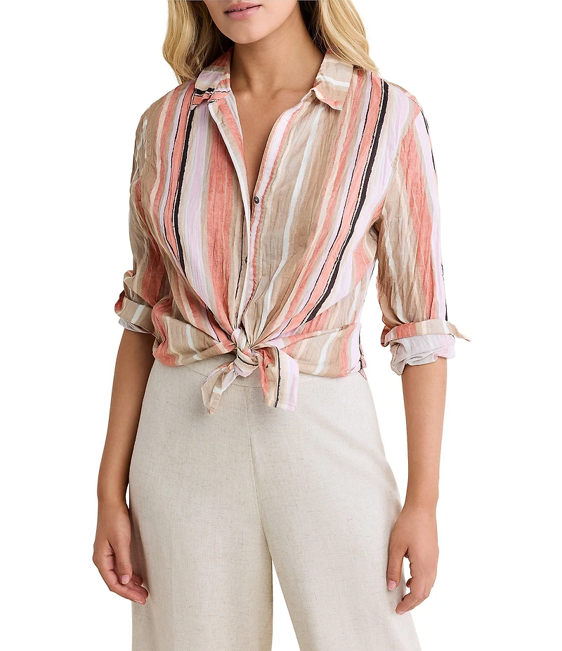 nz by NIC + ZOE Stripe Point Collar Long Sleeve Button Front Shirt